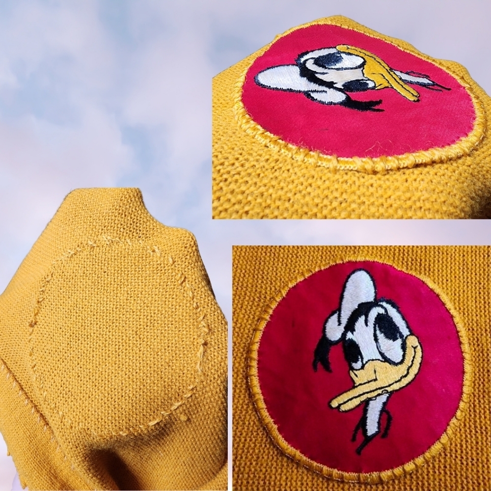 50 60 Rare Vtg Campus Yellow Preppy Retro School Disney Sweater Donald Duck Sz M - Picture 9 of 9